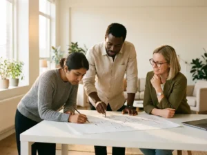 Drie professionals werken samen rond een witte tafel, één persoon schetst bedrijfscultuur ideeën terwijl anderen geïnteresseerd meekijken