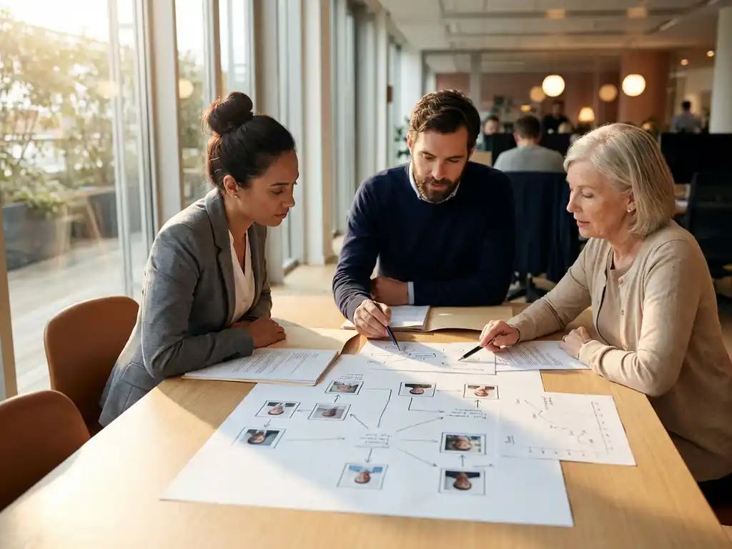 Drie professionals bespreken documenten met persoonlijke profielen en organisatieschema's aan houten vergadertafel bij raam