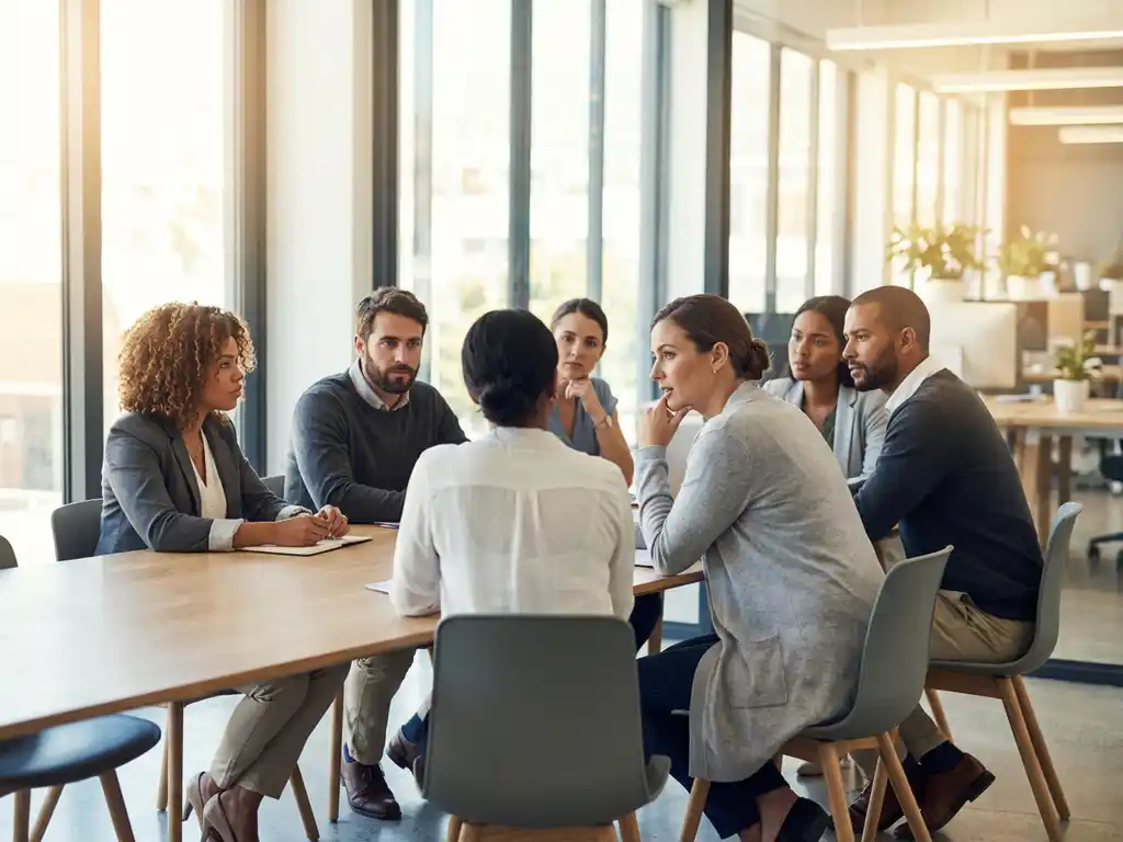 Diverse professionals in vergadering rond moderne conferentietafel, één persoon gebaart terwijl anderen aandachtig luisteren