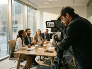 Filmmaker stelt camera op statief af terwijl diverse werknemers natuurlijk converseren aan moderne vergadertafel bij raam