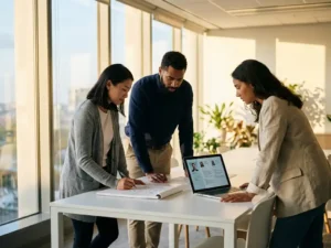 Drie professionals werken samen aan een witte vergadertafel, een persoon schetst merkconcepten terwijl anderen kandidaatprofielen bekijken op laptop