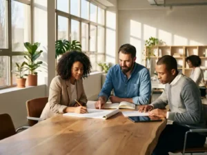 Drie professionals werken samen rond houten vergadertafel, één persoon schetst merkconcepten terwijl anderen materialen bekijken in modern kantoor