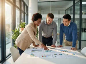 Drie professionals analyseren kleurrijke datagrafieken op witte vergadertafel, één persoon wijst naar statistieken terwijl anderen geconcentreerd meekijken