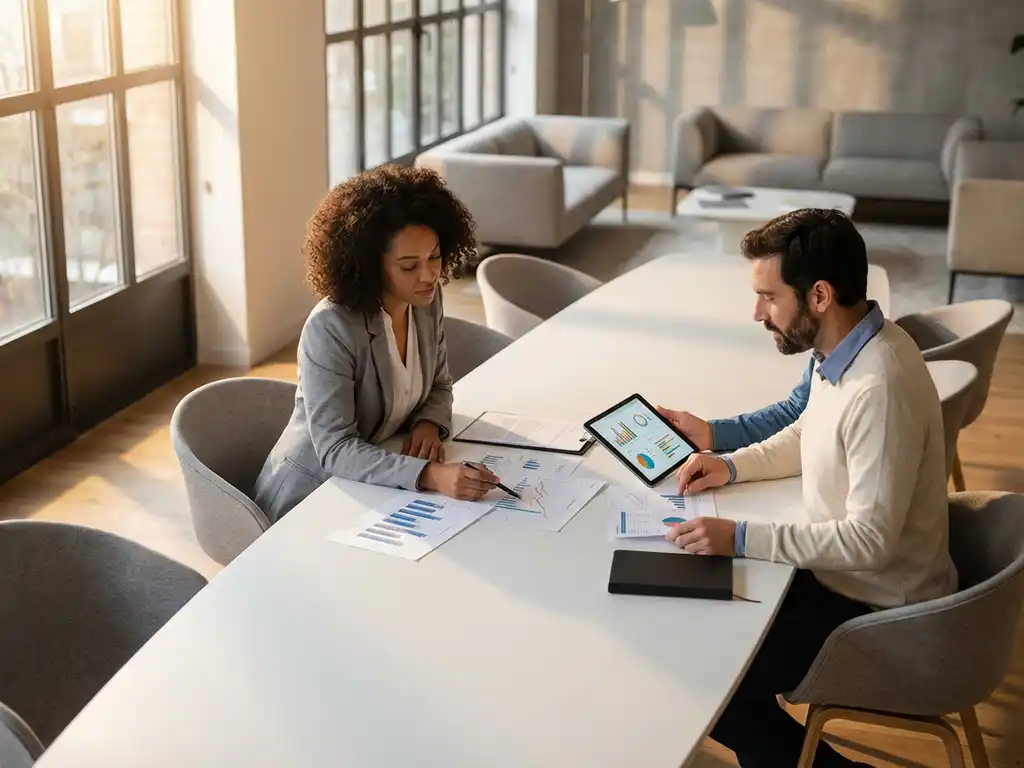 Drie professionals bespreken analytische grafieken en datavisualisaties aan moderne witte vergadertafel in kantoor