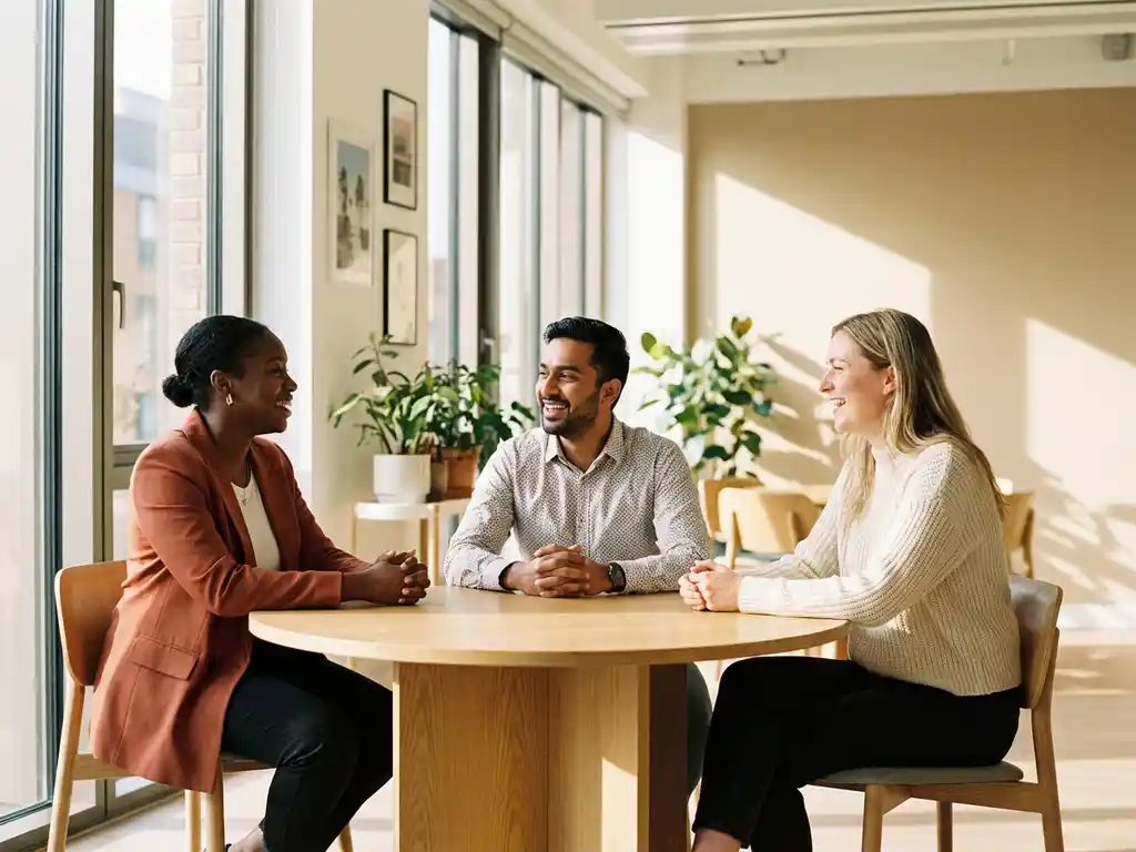 Drie diverse medewerkers in gesprek rond houten tafel in licht kantoor met planten en natuurlijk daglicht