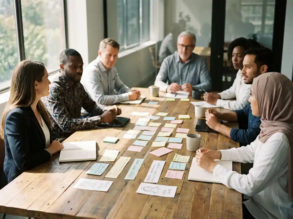 Diverse professionals rond houten vergadertafel met kleurrijke sticky notes en persona-documenten, natuurlijk licht door ramen