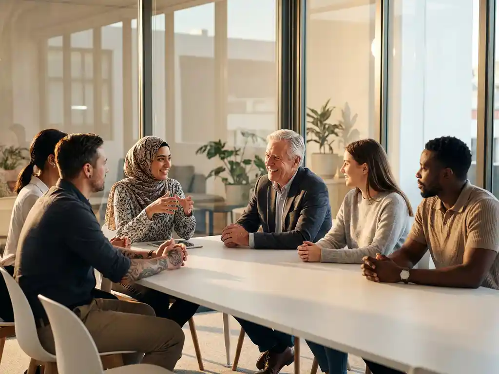 Diverse professionals van verschillende leeftijden en achtergronden in gesprek rond moderne witte conferentietafel in licht kantoor
