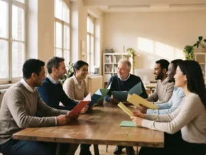 Diverse professionals in gesprek rond houten vergadertafel met gekleurde mappen, natuurlijk licht door ramen