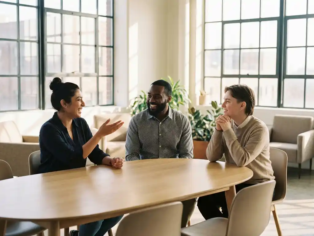 Drie diverse professionals in gesprek rond moderne houten vergadertafel in hedendaagse kantoorruimte met natuurlijk licht