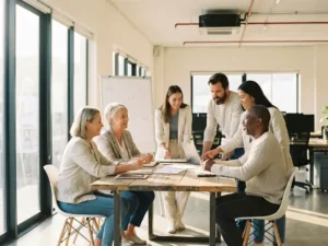 Diverse werknemers werken samen in modern kantoor met natuurlijk licht door grote ramen