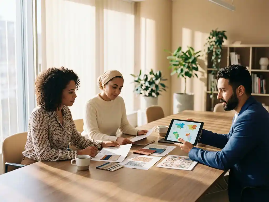 Drie diverse professionals bespreken regionale kaarten en culturele materialen aan houten conferentietafel in natuurlijk verlicht kantoor