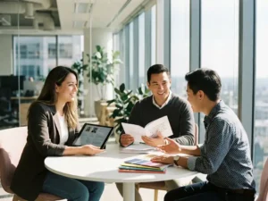 Drie professionals bespreken employer branding rond witte vergadertafel met tablet, testimonials en brandmaterialen