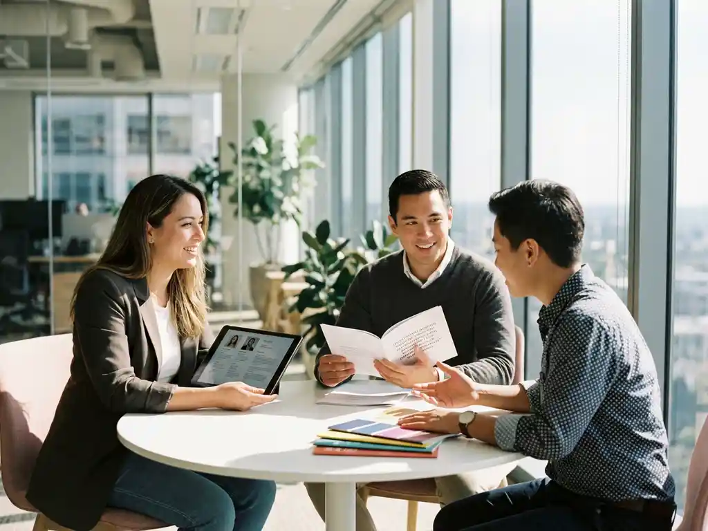 Drie professionals bespreken employer branding rond witte vergadertafel met tablet, testimonials en brandmaterialen