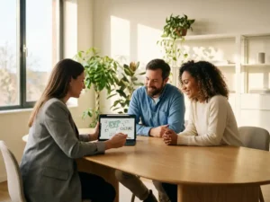 Drie professionals bespreken employer branding concepten rond houten vergadertafel in modern kantoor