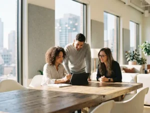 Drie professionals werken samen rond houten vergadertafel, één persoon schetst concepten op tablet in modern kantoor