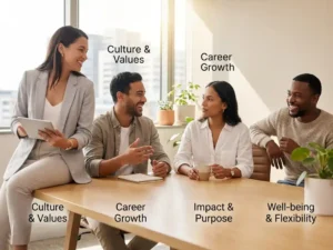 Vier diverse professionals zitten ontspannen rond lichte houten vergadertafel in modern kantoor met natuurlijk licht