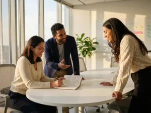 Drie professionals bespreken werkgeversmerk concepten rond witte vergadertafel in licht kantoor