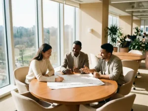 Diverse professioneel team bespreekt employer branding concepten rond houten vergadertafel in moderne kantooromgeving