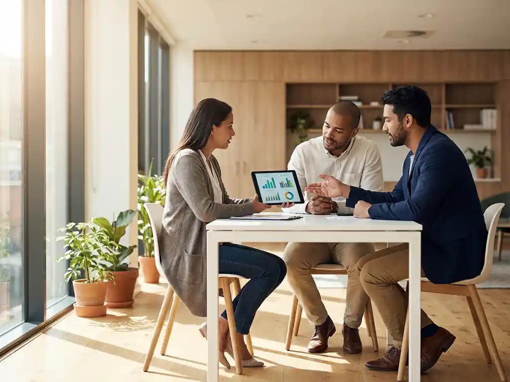 Drie professionals bespreken kleurrijke enquêtegegevens op tablet rond witte vergadertafel in modern kantoor