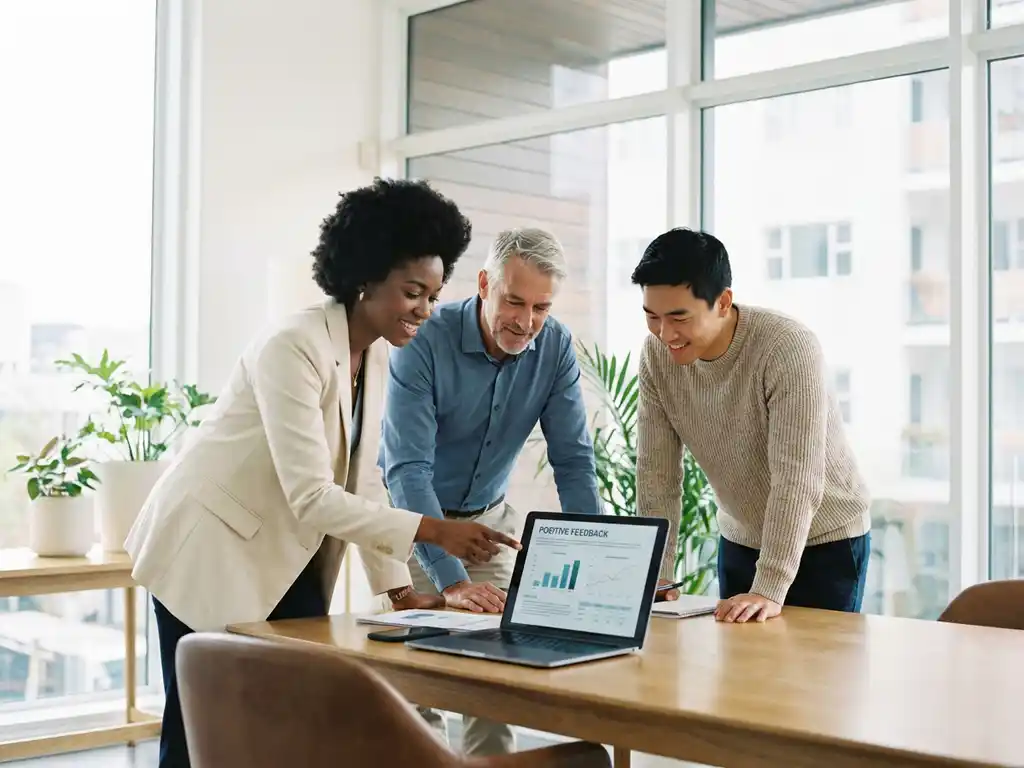 Drie professionals bespreken positieve feedback op laptop rond houten vergadertafel in licht kantoor met planten