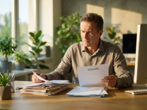 Gefrustreerde wervingsmanager aan bureau omringd door verspreide cv's en sollicitatiebrieven, natuurlijk licht door ramen