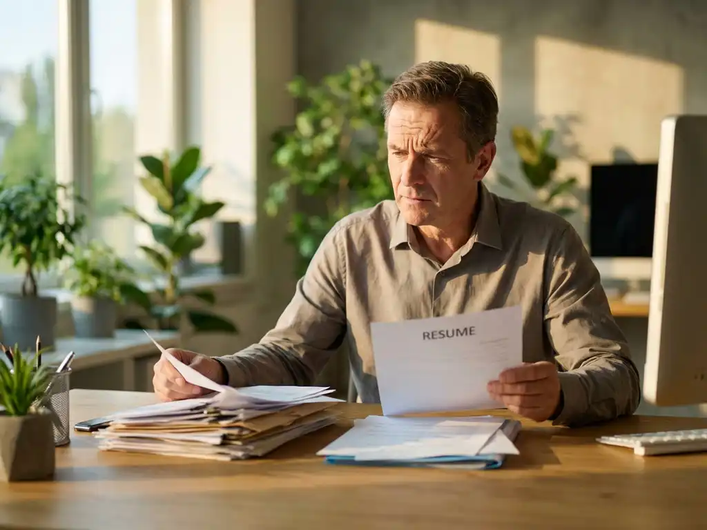 Gefrustreerde wervingsmanager aan bureau omringd door verspreide cv's en sollicitatiebrieven, natuurlijk licht door ramen