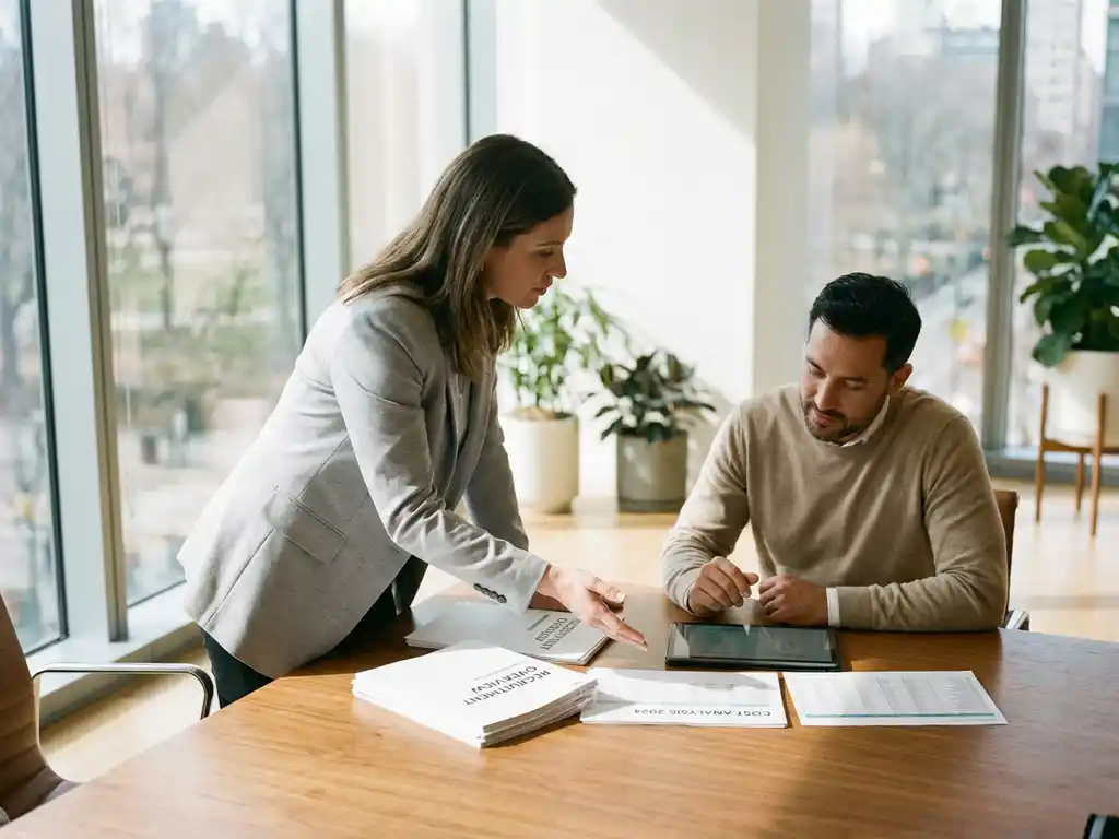 HR-professional en bedrijfseigenaar bespreken wervingsdocumenten en kostenanalyses aan moderne houten conferentietafel