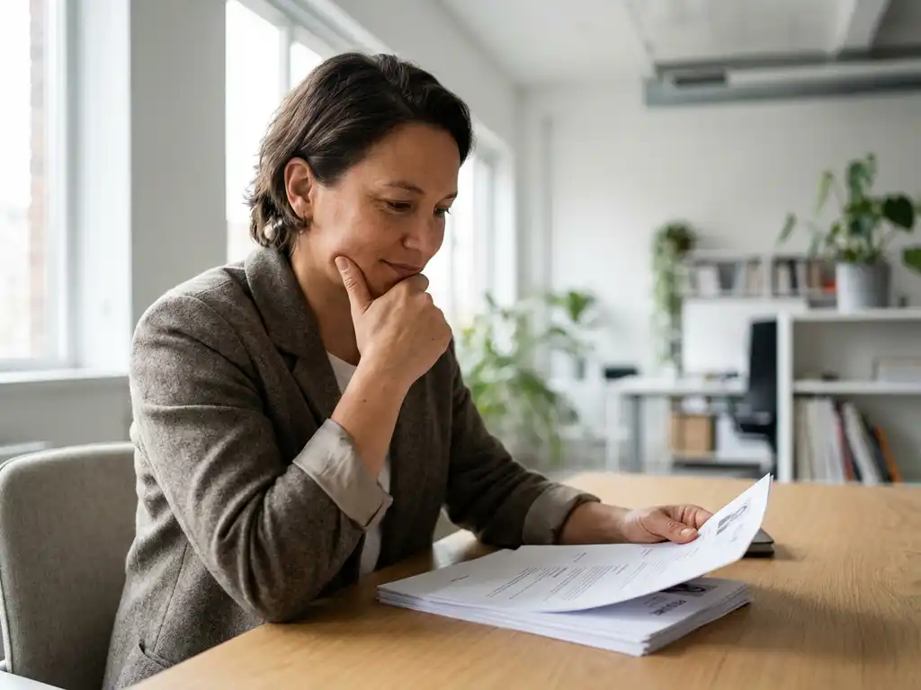 Hiring manager aan houten bureau overweegt stapel cv's met hand onder kin, natuurlijk licht door raam