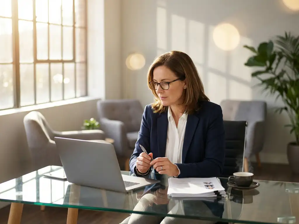 HR-manager in marineblauw jasje bekijkt kandidaatprofielen op laptop aan glazen bureau met cv's en koffie