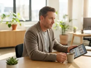 HR-manager bekijkt kandidaatprofielen op tablet aan houten bureau in modern kantoor met natuurlijk licht