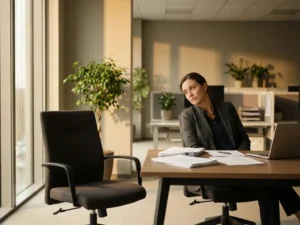 HR-manager staart naar lege stoel tegenover bureau met verspreide cv's, natuurlijk licht door ramen