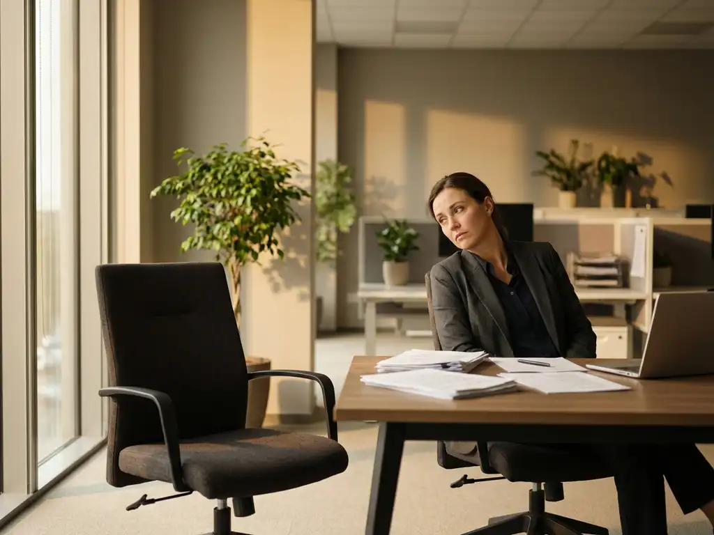 HR-manager staart naar lege stoel tegenover bureau met verspreide cv's, natuurlijk licht door ramen