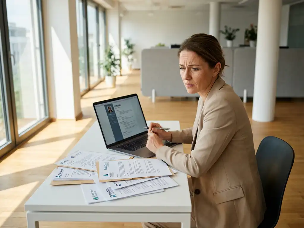 HR-manager bekijkt kandidaatprofielen op laptop met bezorgde uitdrukking, documenten van recruitmentbureaus verspreid op wit bureau