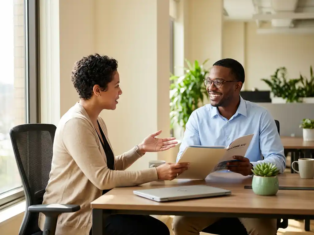 HR-professional en nieuwe medewerker in gesprek aan houten bureau met welkomstdocumenten en plant in natuurlijk licht