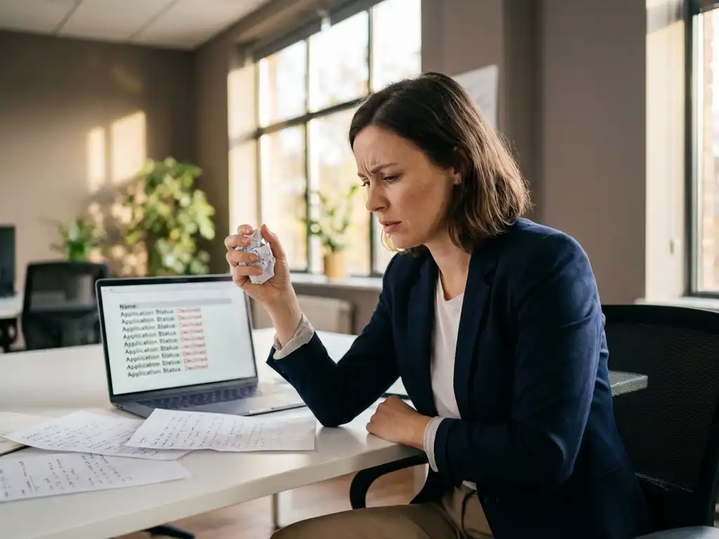 HR-professional in marineblauw jasje houdt verfrommeld cv vast aan wit bureau met laptop en sollicitatienotities