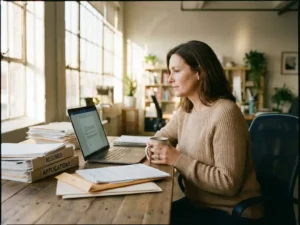 Professionele HR-medewerker bekijkt cv's op laptop terwijl ze koffie drinkt aan modern bureau met stapels sollicitaties