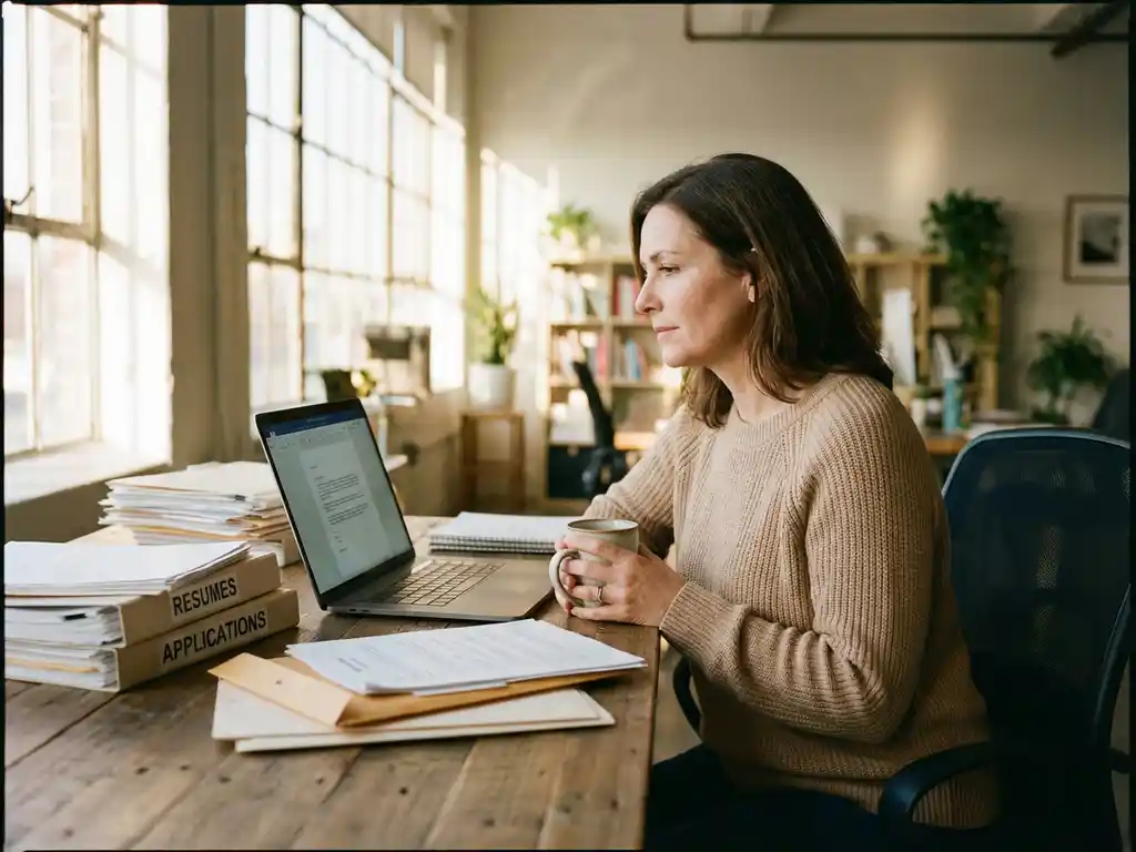 Professionele HR-medewerker bekijkt cv's op laptop terwijl ze koffie drinkt aan modern bureau met stapels sollicitaties
