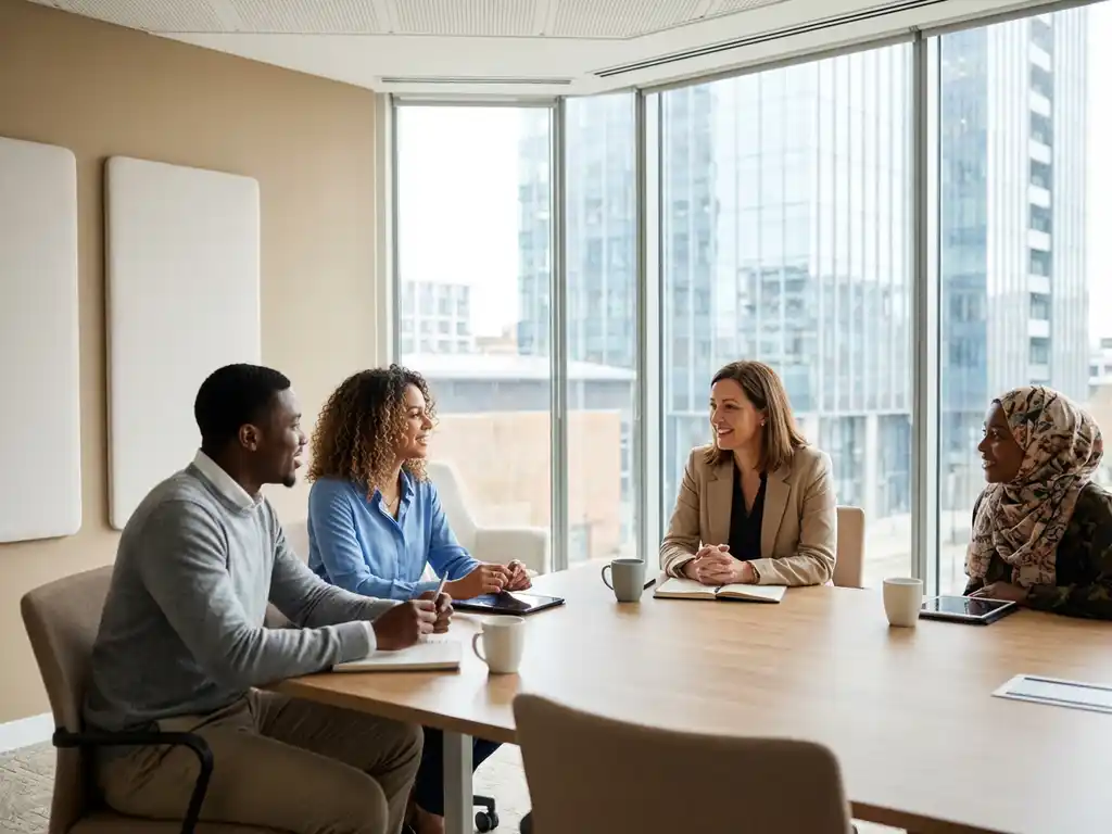 HR-professional voert gesprek met diverse groep van drie sollicitanten aan houten vergadertafel in modern kantoor