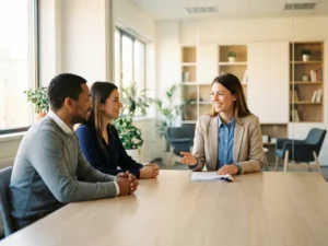 HR-professional voert sollicitatiegesprek met twee diverse kandidaten aan moderne houten vergadertafel in kantoor