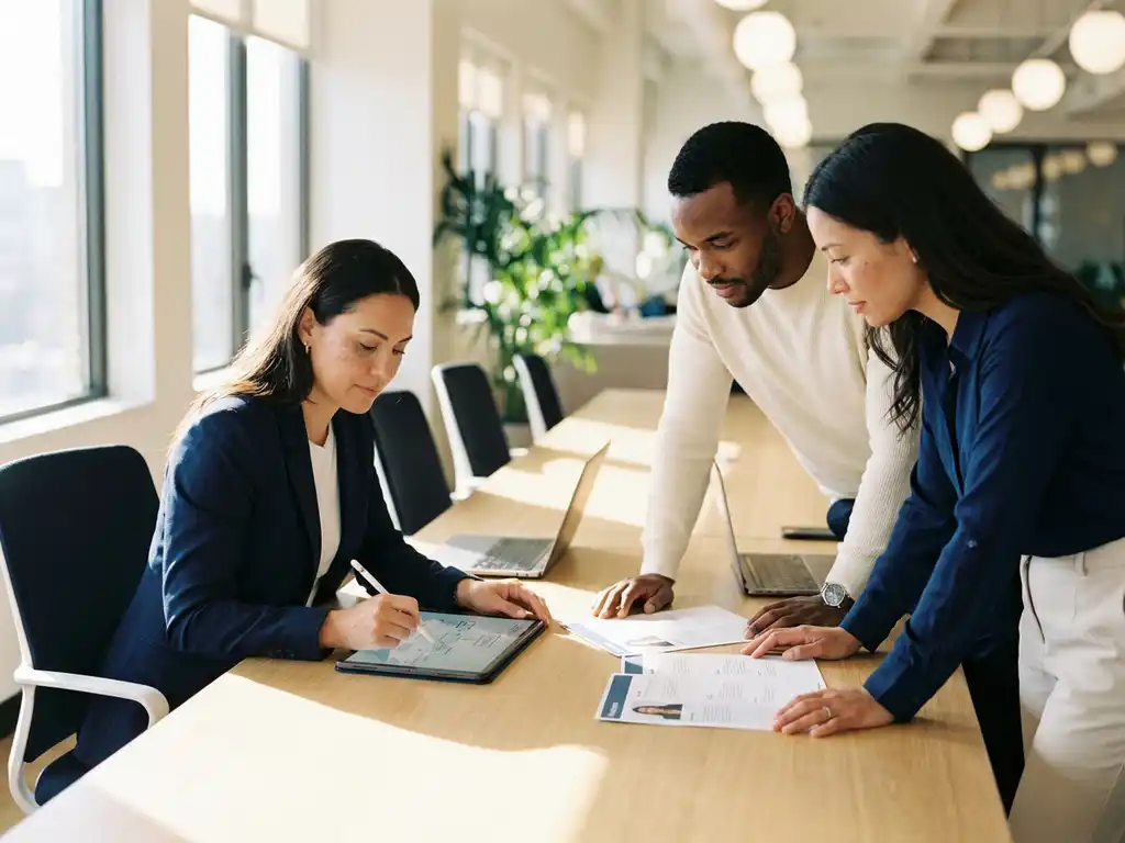 Drie HR-professionals bespreken wervingsprocessen rond houten vergadertafel, één persoon tekent op tablet terwijl anderen kandidaatprofielen bekijken