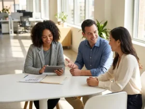 Drie HR-professionals bespreken kandidatenportefeuilles rond witte vergadertafel in modern kantoor met natuurlijk licht