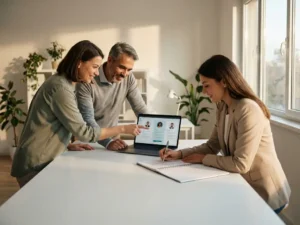 Drie HR-professionals werken samen aan een moderne witte tafel, bespreken kandidaatprofielen en brandconcepten