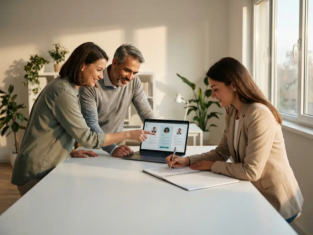 Drie HR-professionals werken samen aan een moderne witte tafel, bespreken kandidaatprofielen en brandconcepten