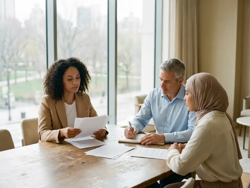 Drie HR-professionals bestuderen vacaturelijsten aan houten vergadertafel in modern kantoor met grote ramen