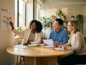 Drie HR-professionals bespreken tijdlijnen en projectplannen rond houten vergadertafel in modern kantoor