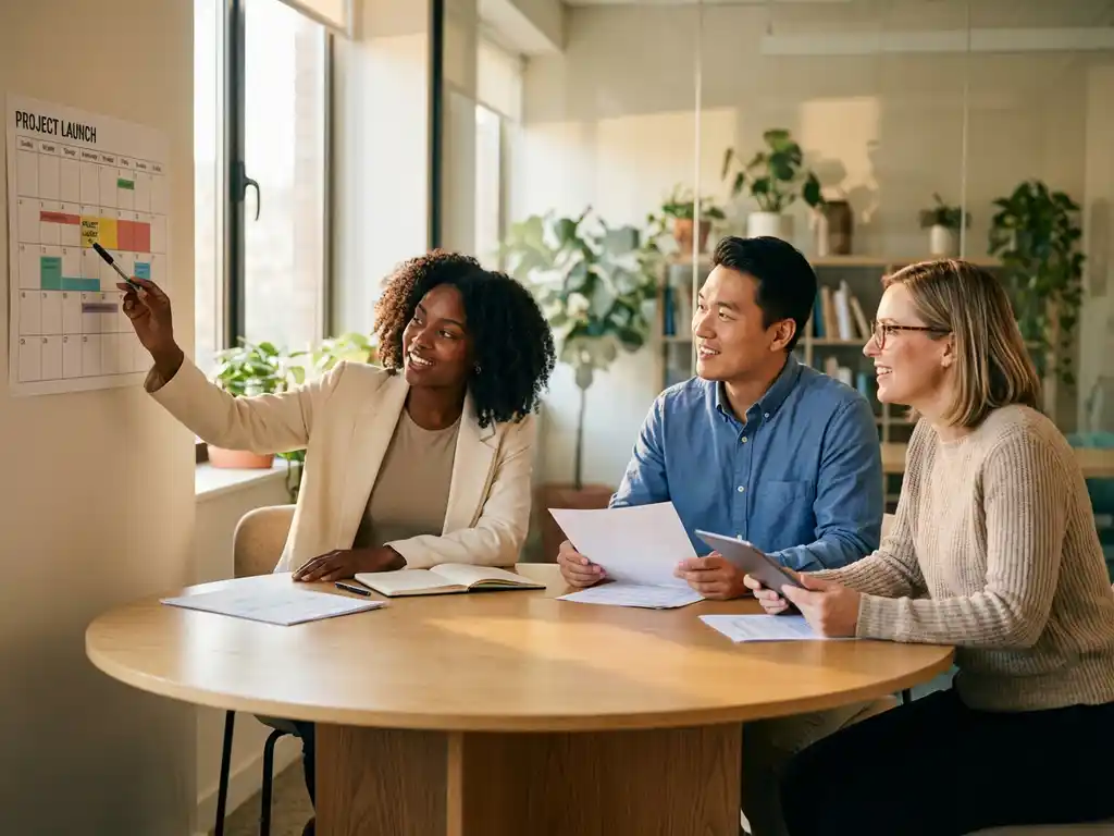 Drie HR-professionals bespreken tijdlijnen en projectplannen rond houten vergadertafel in modern kantoor