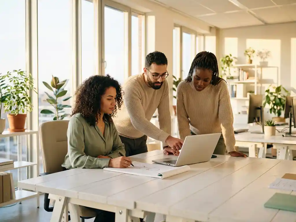 Drie HR-professionals werken samen aan wervingsstrategieën rond moderne witte bureau in hedendaags kantoor