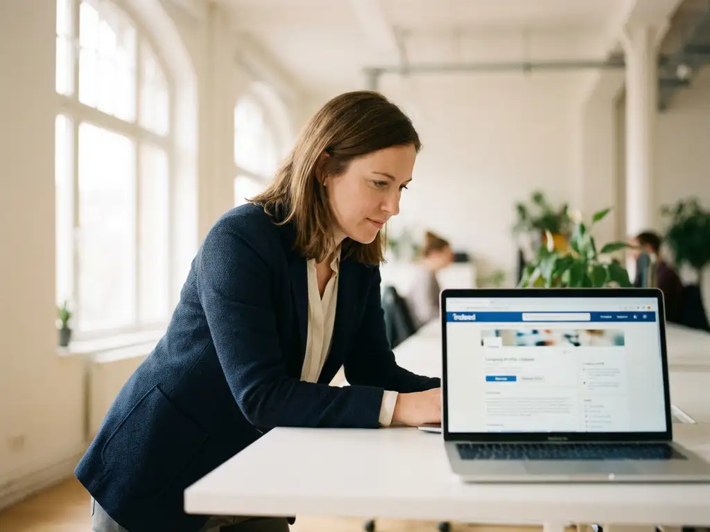 Professionele vrouw in marineblauw jasje bekijkt Indeed bedrijfsprofielen op laptop in moderne kantooromgeving