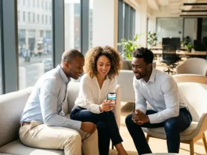 Drie professionals bekijken samen Instagram-inhoud op smartphone in modern kantoor met natuurlijk licht