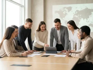 Diverse professionals bespreken documenten rond conferentietafel met wereldkaart op achtergrond, één persoon wijst naar tablet